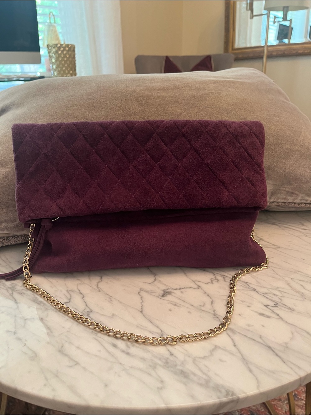 Quilted Fold-Over Suede Clutch in Deep Plum with Gold Chain